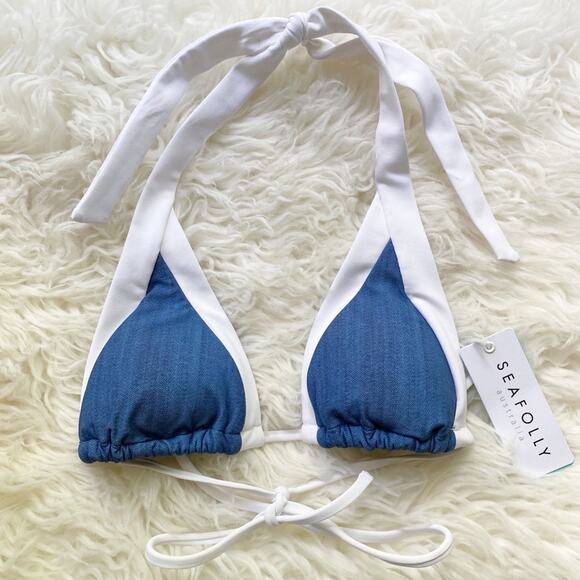 Seafolly | Block Party Slide Triangle Bikini Top Denim Blue White US 6 - Picture 3 of 6